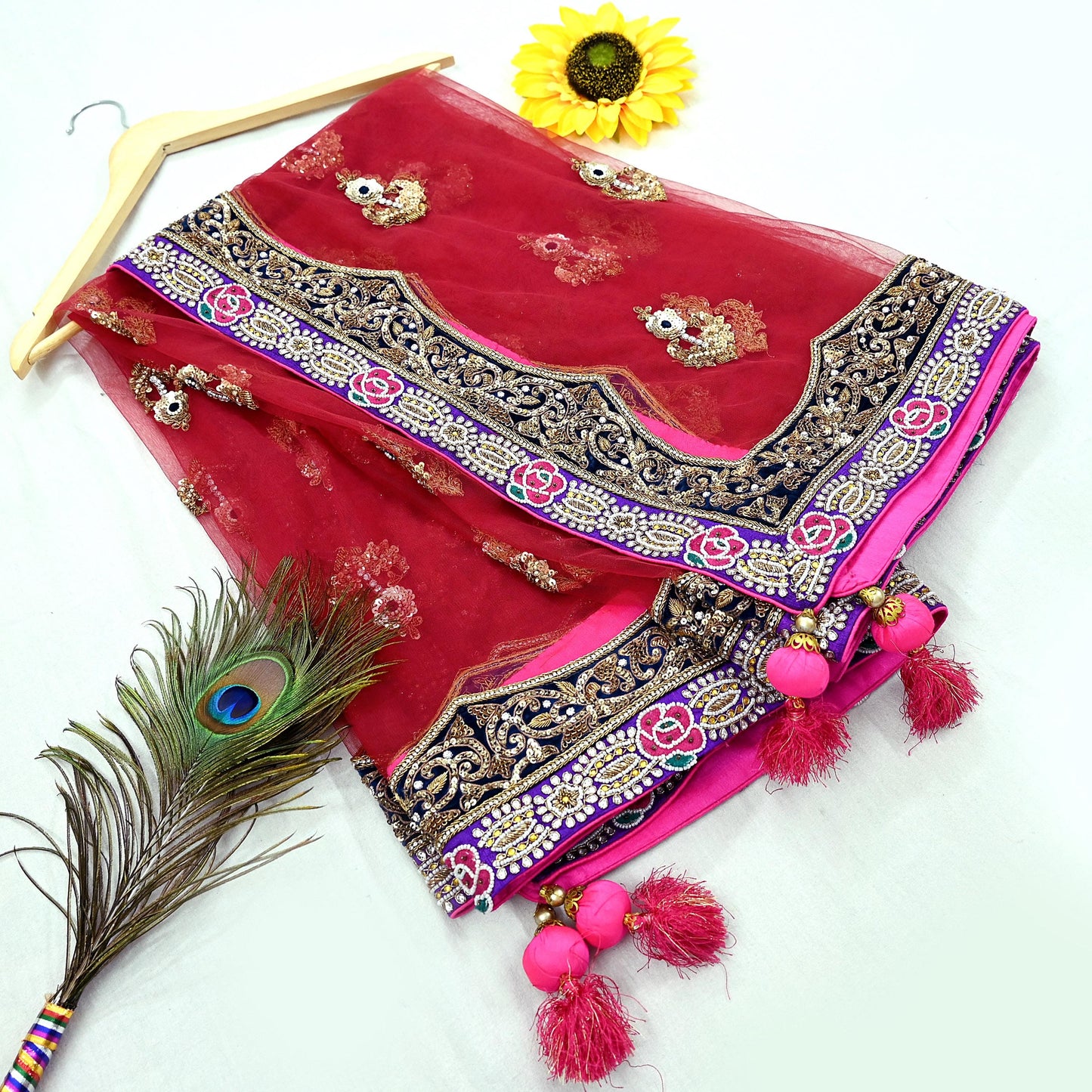 Indian Vintage Heavy Wedding Maroon Net/Mesh/Velvet Hand Embroidered Dupatta Designer By Anamika Khanna Bridal Wear Dabka Zardozi Veil Hijab