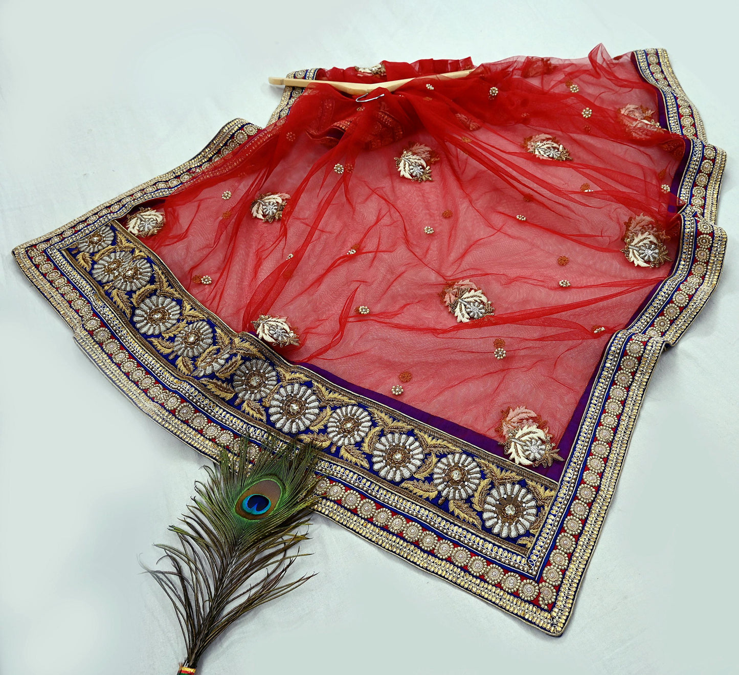 Indian Heavy Hand Embroidered Designer Lehenga Set 2-Piece Anamika Khanna Red Net And Chanderi Silk New Condition