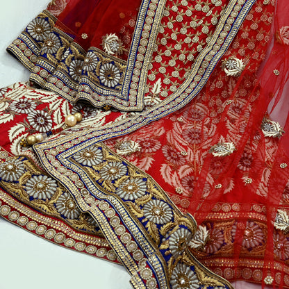 Indian Heavy Hand Embroidered Designer Lehenga Set 2-Piece Anamika Khanna Red Net And Chanderi Silk New Condition