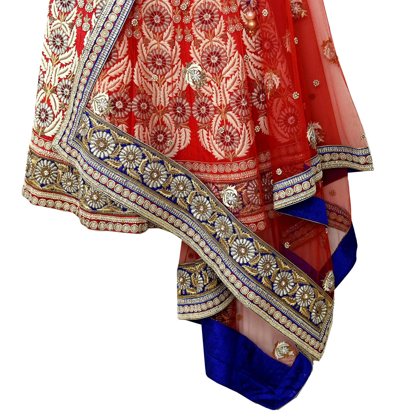 Indian Heavy Hand Embroidered Designer Lehenga Set 2-Piece Anamika Khanna Red Net And Chanderi Silk New Condition