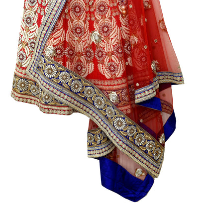 Indian Heavy Hand Embroidered Designer Lehenga Set 2-Piece Anamika Khanna Red Net And Chanderi Silk New Condition