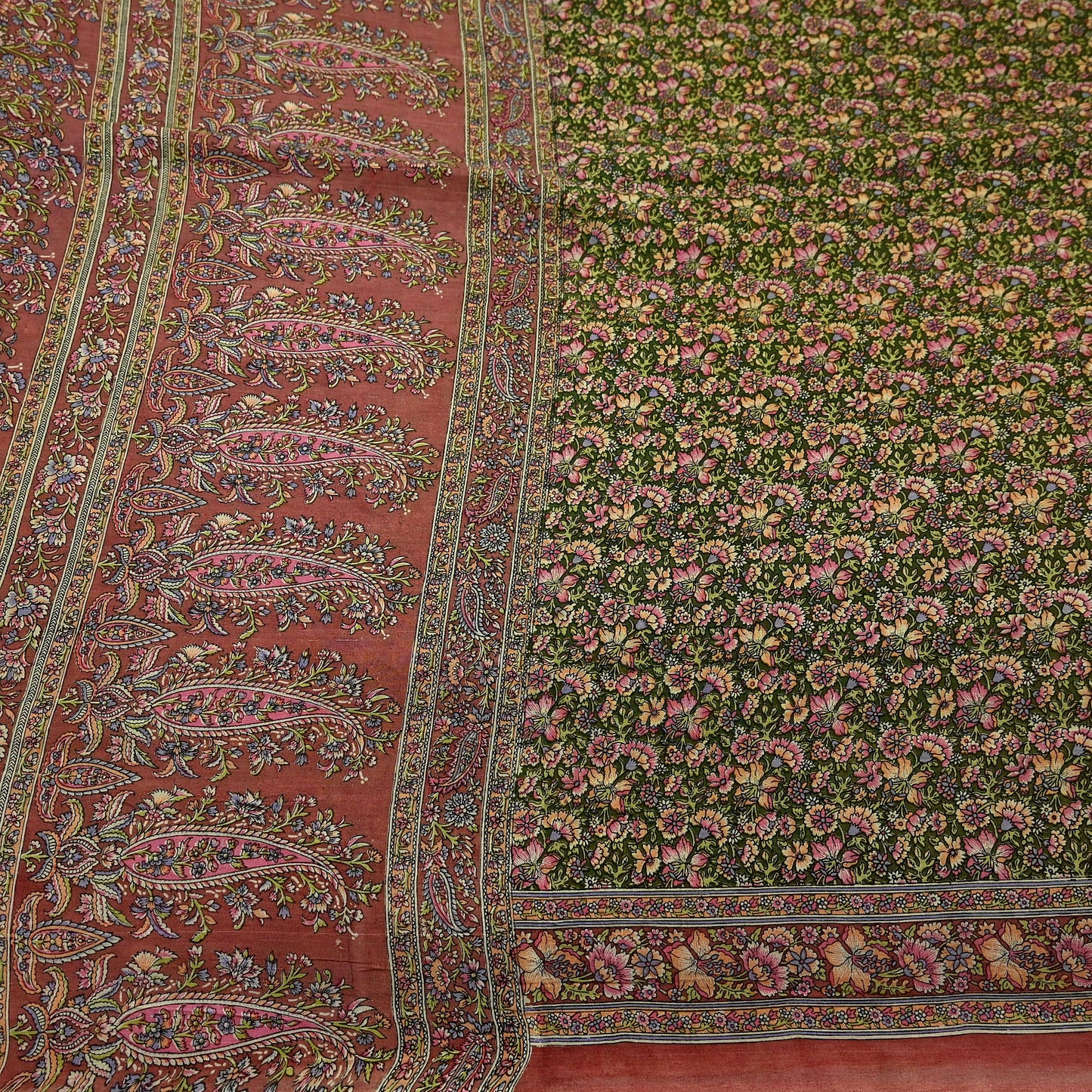 Indian Vintage Sari Brown & Green Printed Pure Cotton Sarees Fabric Floral 5Yd Sarong Wrap Boho Fabric Kimono Dress making Crafting