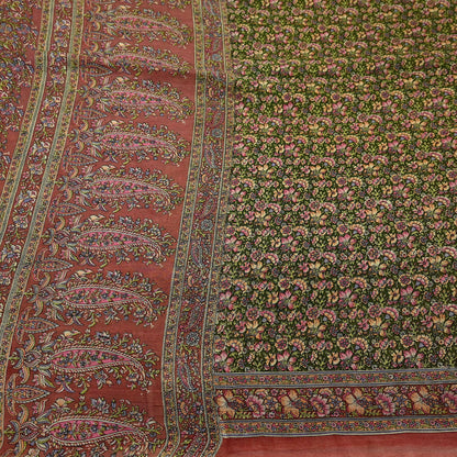 Indian Vintage Sari Brown & Green Printed Pure Cotton Sarees Fabric Floral 5Yd Sarong Wrap Boho Fabric Kimono Dress making Crafting