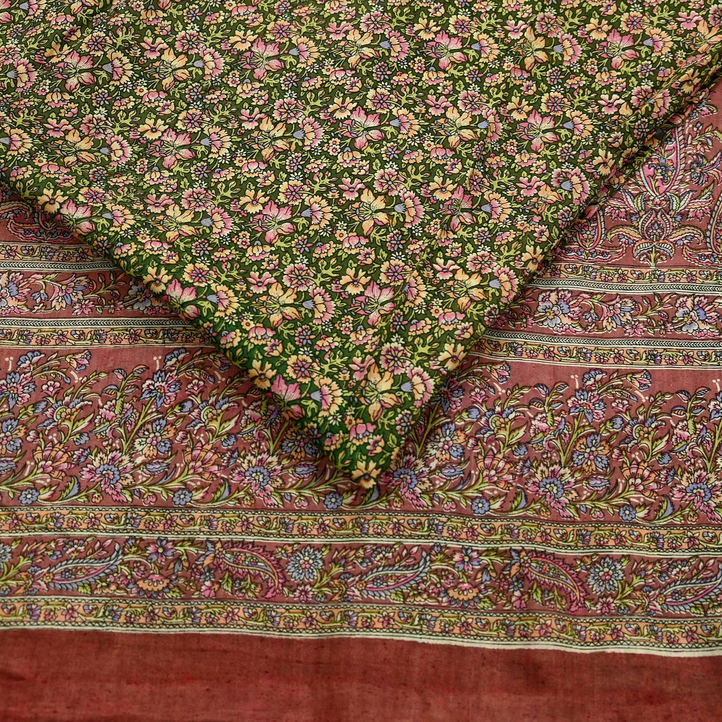 Indian Vintage Sari Brown & Green Printed Pure Cotton Sarees Fabric Floral 5Yd Sarong Wrap Boho Fabric Kimono Dress making Crafting