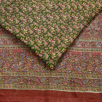 Indian Vintage Sari Brown & Green Printed Pure Cotton Sarees Fabric Floral 5Yd Sarong Wrap Boho Fabric Kimono Dress making Crafting
