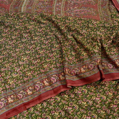 Indian Vintage Sari Brown & Green Printed Pure Cotton Sarees Fabric Floral 5Yd Sarong Wrap Boho Fabric Kimono Dress making Crafting