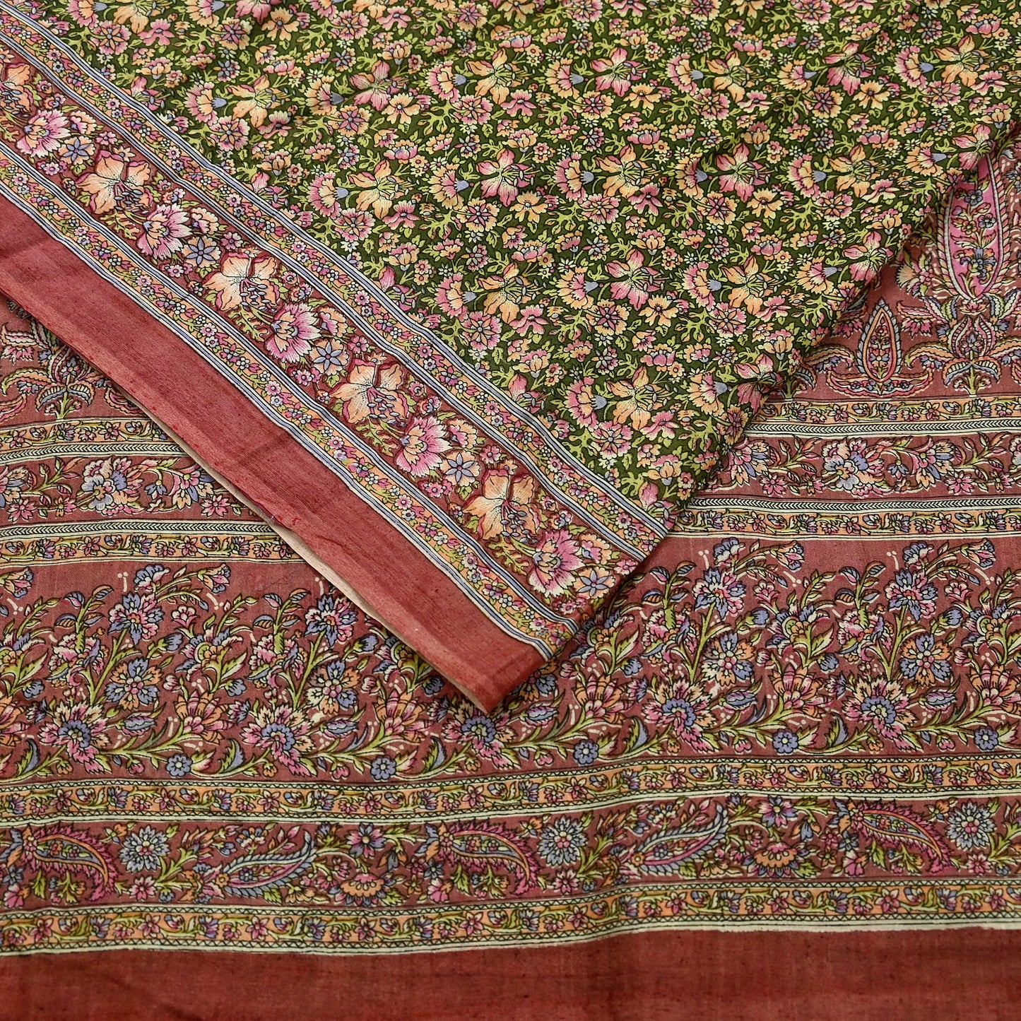 Indian Vintage Sari Brown & Green Printed Pure Cotton Sarees Fabric Floral 5Yd Sarong Wrap Boho Fabric Kimono Dress making Crafting
