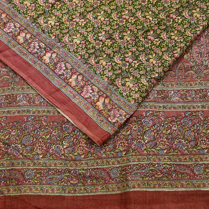 Indian Vintage Sari Brown & Green Printed Pure Cotton Sarees Fabric Floral 5Yd Sarong Wrap Boho Fabric Kimono Dress making Crafting