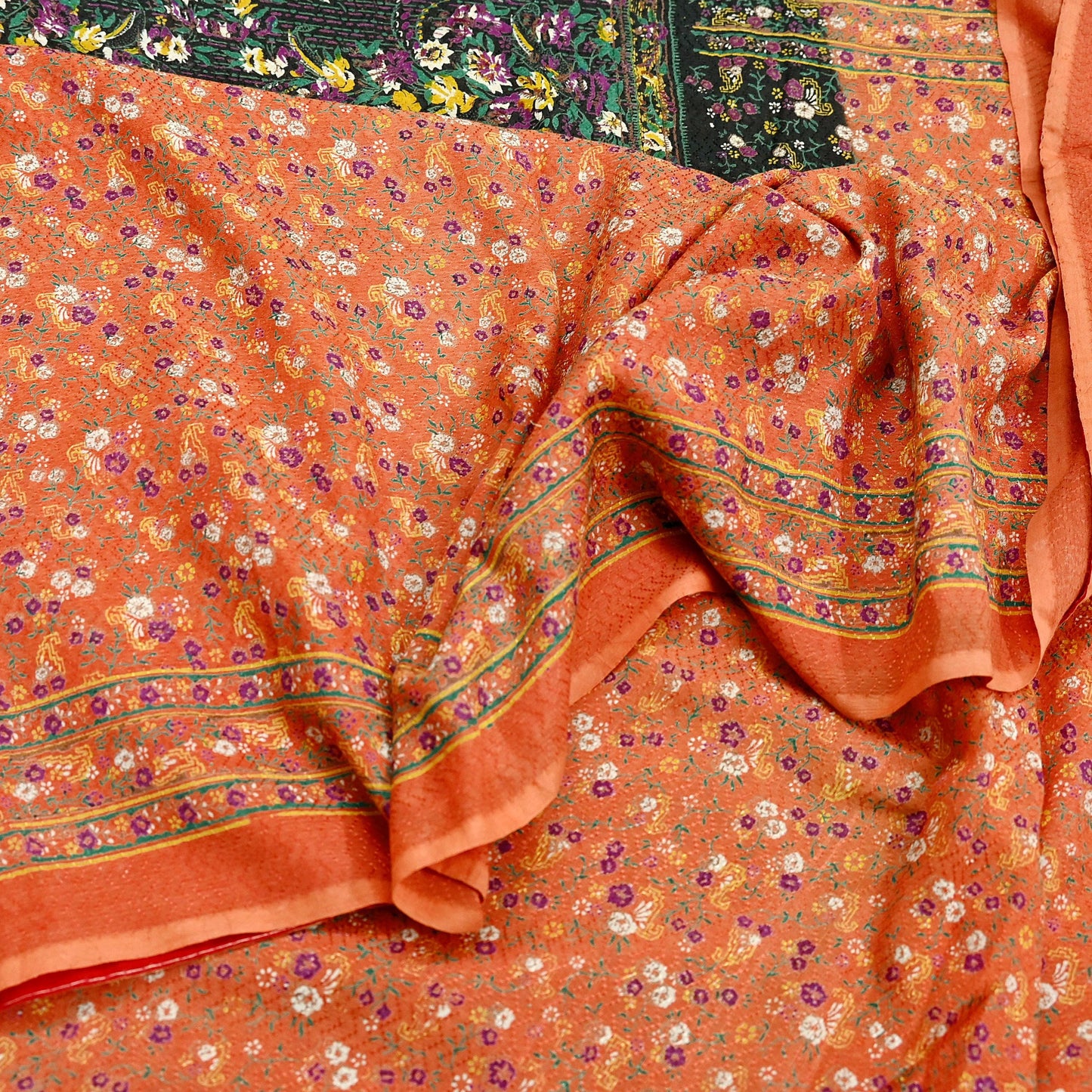 Indian Vintage Sari Orange & Black Printed Pure Cotton Sarees Fabric Floral 5Yd Sarong Wrap Boho Fabric Kimono Dress making Crafting