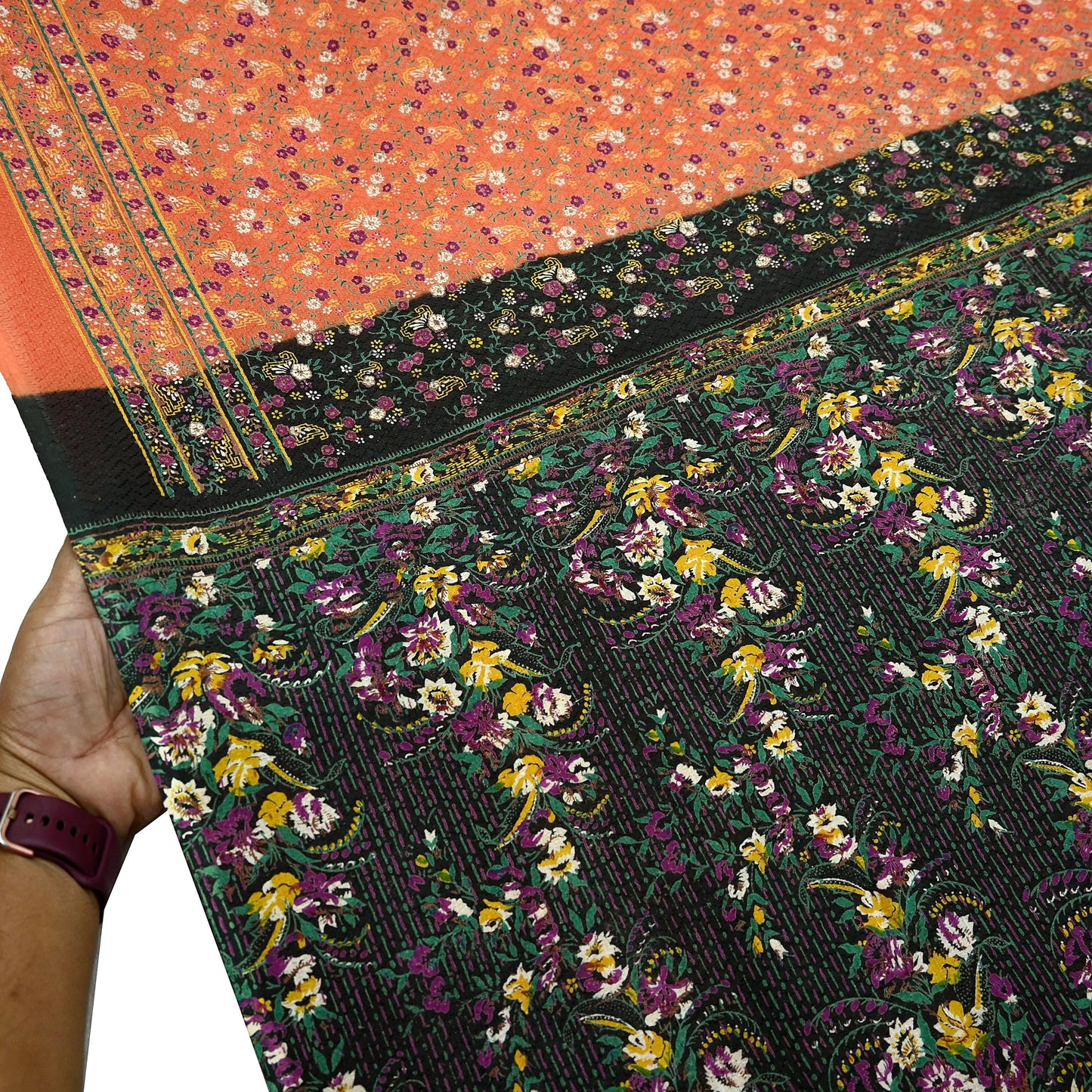 Indian Vintage Sari Orange & Black Printed Pure Cotton Sarees Fabric Floral 5Yd Sarong Wrap Boho Fabric Kimono Dress making Crafting