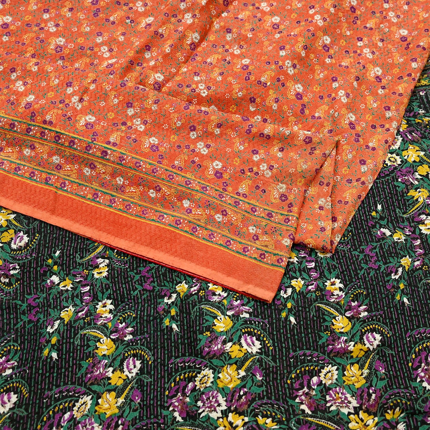 Indian Vintage Sari Orange & Black Printed Pure Cotton Sarees Fabric Floral 5Yd Sarong Wrap Boho Fabric Kimono Dress making Crafting