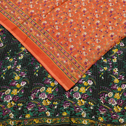 Indian Vintage Sari Orange & Black Printed Pure Cotton Sarees Fabric Floral 5Yd Sarong Wrap Boho Fabric Kimono Dress making Crafting