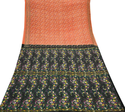Indian Vintage Sari Orange & Black Printed Pure Cotton Sarees Fabric Floral 5Yd Sarong Wrap Boho Fabric Kimono Dress making Crafting