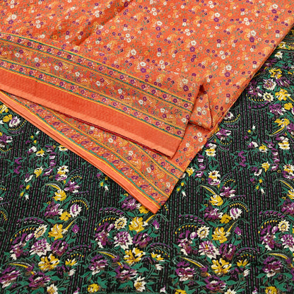 Indian Vintage Sari Orange & Black Printed Pure Cotton Sarees Fabric Floral 5Yd Sarong Wrap Boho Fabric Kimono Dress making Crafting