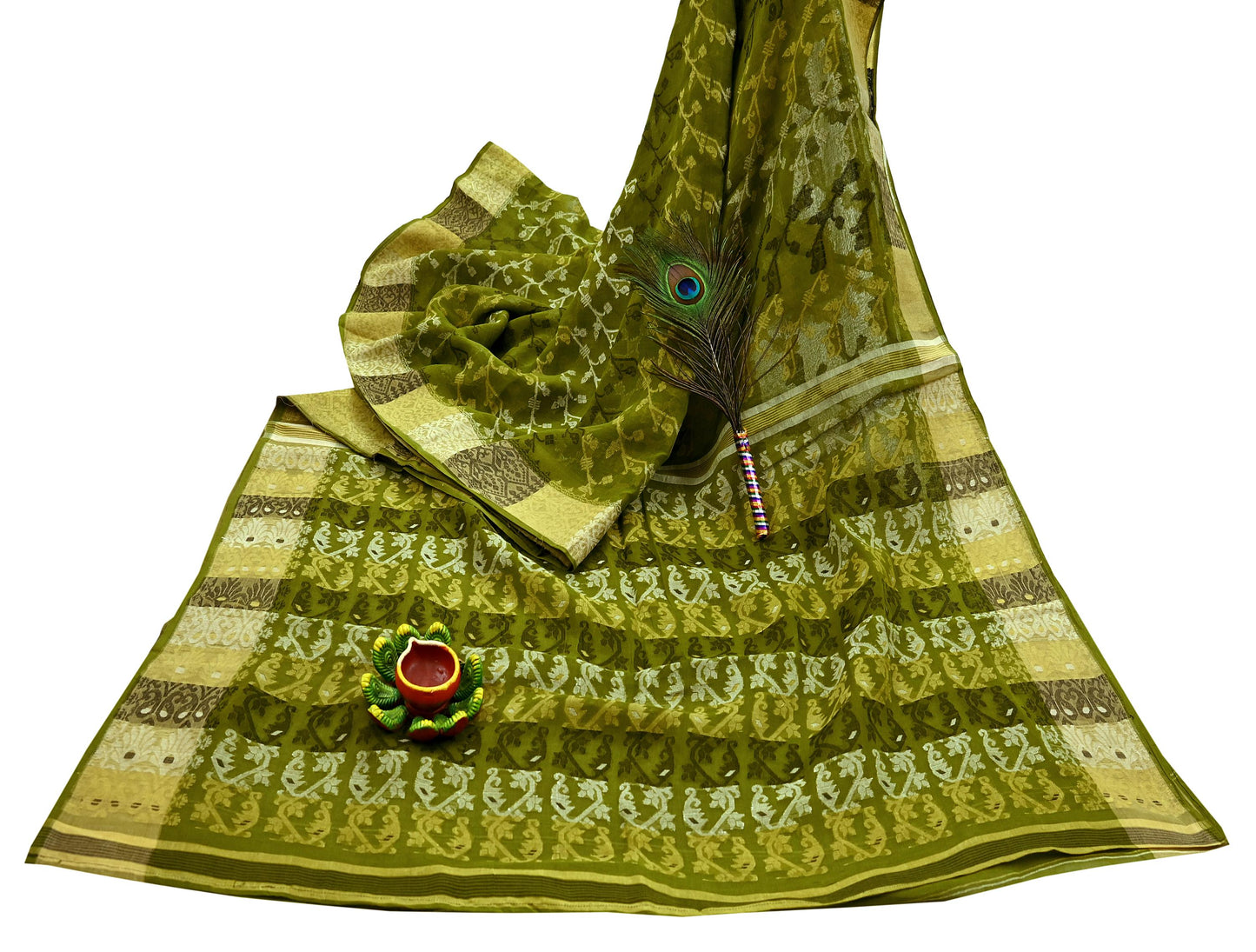 Indian Vintage Sarees Green Pure Cotton Hand Woven Jamdani Sari 5yd Ethnic Floral Craft Fabric Dress making Upcycle Crafting Quilting