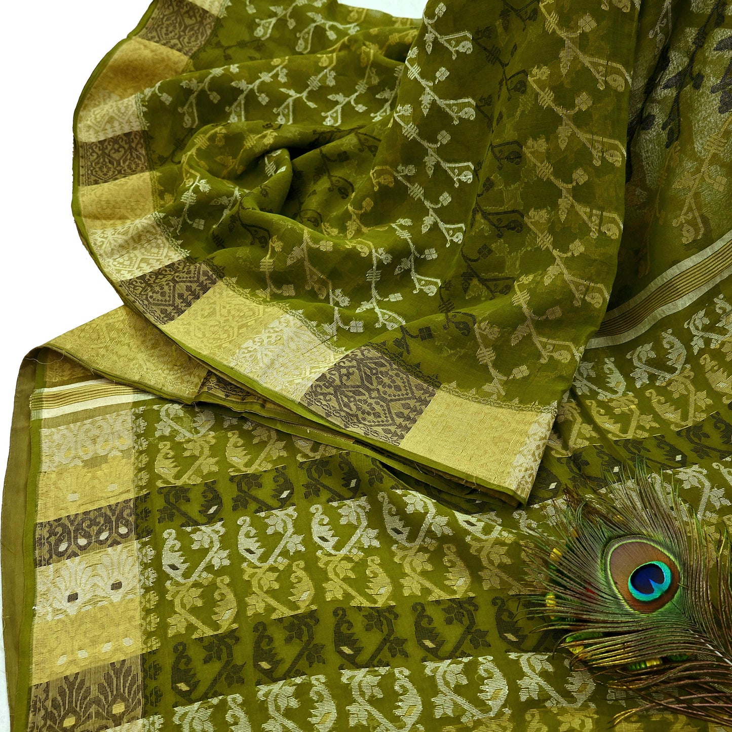 Indian Vintage Sarees Green Pure Cotton Hand Woven Jamdani Sari 5yd Ethnic Floral Craft Fabric Dress making Upcycle Crafting Quilting