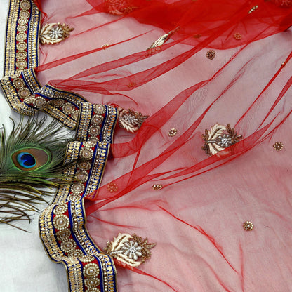 Indian Vintage Heavy Wedding red Net/Mesh/Velvet Hand Embroidered Dupatta Designer By Anamika Khanna Bridal Wear Dabka Zardozi Veil Hijab