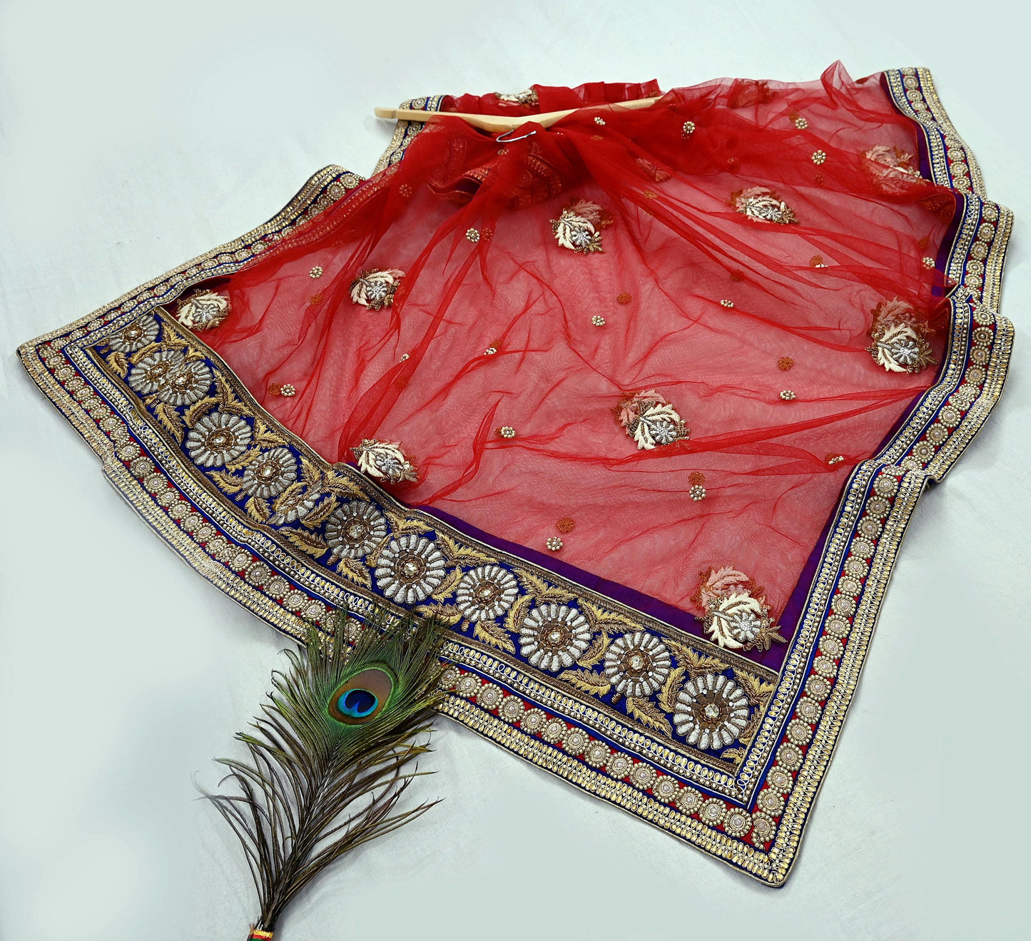 Indian Vintage Heavy Wedding red Net/Mesh/Velvet Hand Embroidered Dupatta Designer By Anamika Khanna Bridal Wear Dabka Zardozi Veil Hijab