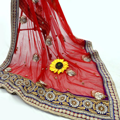 Indian Vintage Heavy Wedding red Net/Mesh/Velvet Hand Embroidered Dupatta Designer By Anamika Khanna Bridal Wear Dabka Zardozi Veil Hijab