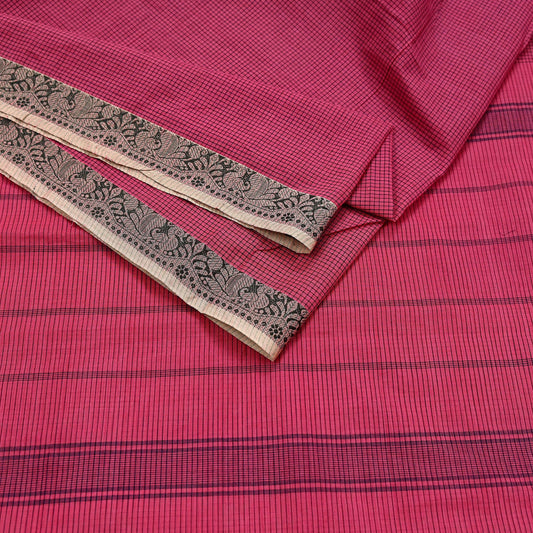 Indian Vintage Sari Pink Pure Cotton Hand Woven Sarees Craft Fabric 5yd Ethnic Paisley Crafting Upcycle Quilting Dress Making