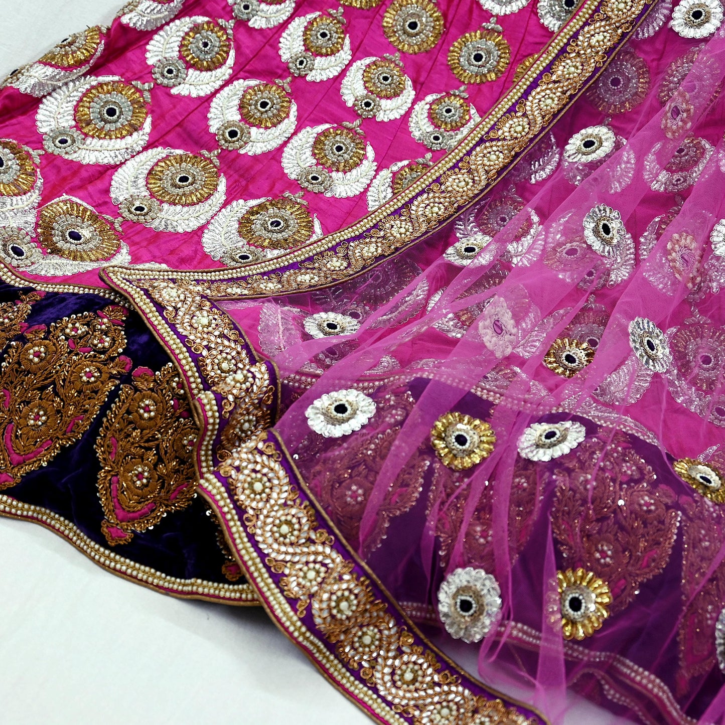 Indian Heavy Wedding purple Net & Chanderi silk Hand Embroidered Fish Cut Lehenga 2pcs Set Designer By Manish Malhotra Party Wear