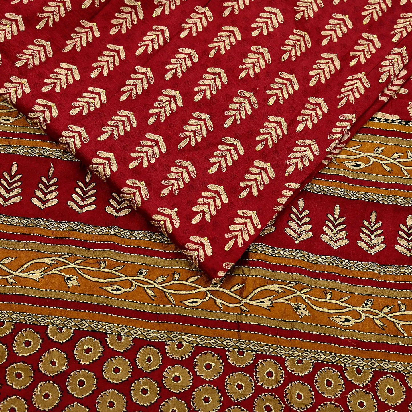 Indian Vintage Sari Red & Saffron Pure Silk Hand Embroidered Kantha Saree Fabric 5yard Sewing Floral Soft Sequins Dress making Crafting