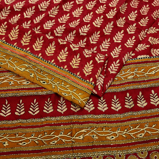 Indian Vintage Sari Red & Saffron Pure Silk Hand Embroidered Kantha Saree Fabric 5yard Sewing Floral Soft Sequins Dress making Crafting