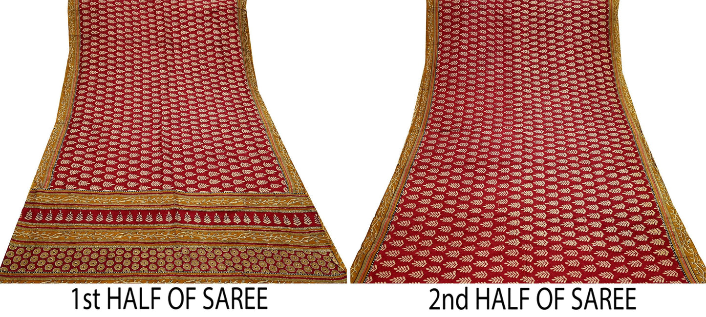 Indian Vintage Sari Red & Saffron Pure Silk Hand Embroidered Kantha Saree Fabric 5yard Sewing Floral Soft Sequins Dress making Crafting