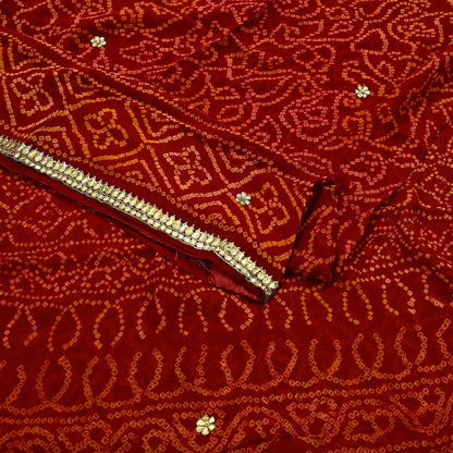 Indian Vintage Red Saree Pure Georgette Silk Hand Embroidered Bandhani Printed Sari Fabric 5yard Soft Zardozi Craft Fabric Soft Gota Patti