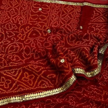Indian Vintage Red Saree Pure Georgette Silk Hand Embroidered Bandhani Printed Sari Fabric 5yard Soft Zardozi Craft Fabric Soft Gota Patti