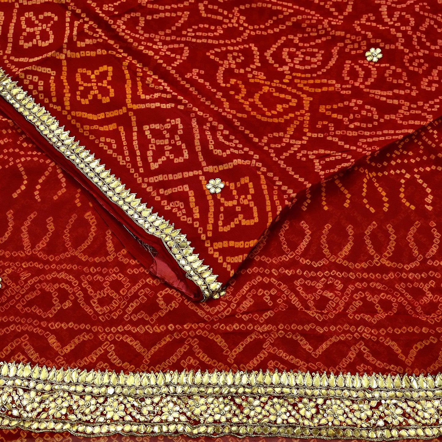 Indian Vintage Red Saree Pure Georgette Silk Hand Embroidered Bandhani Printed Sari Fabric 5yard Soft Zardozi Craft Fabric Soft Gota Patti