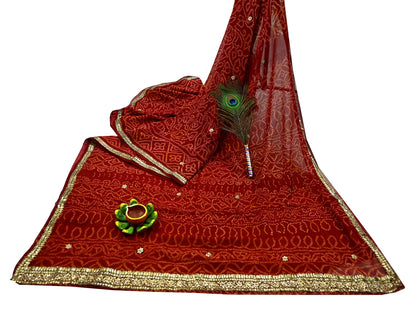 Indian Vintage Red Saree Pure Georgette Silk Hand Embroidered Bandhani Printed Sari Fabric 5yard Soft Zardozi Craft Fabric Soft Gota Patti