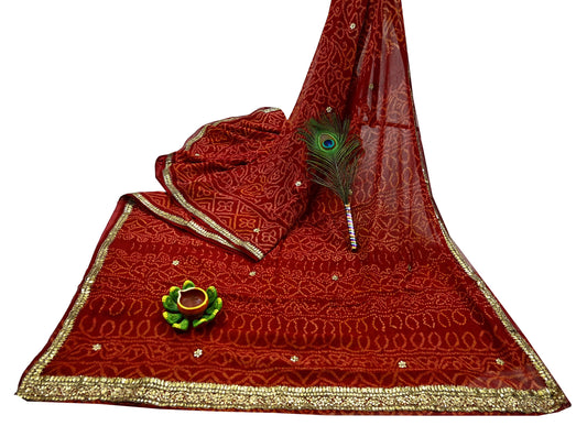 Indian Vintage Red Saree Pure Georgette Silk Hand Embroidered Bandhani Printed Sari Fabric 5yard Soft Zardozi Craft Fabric Soft Gota Patti