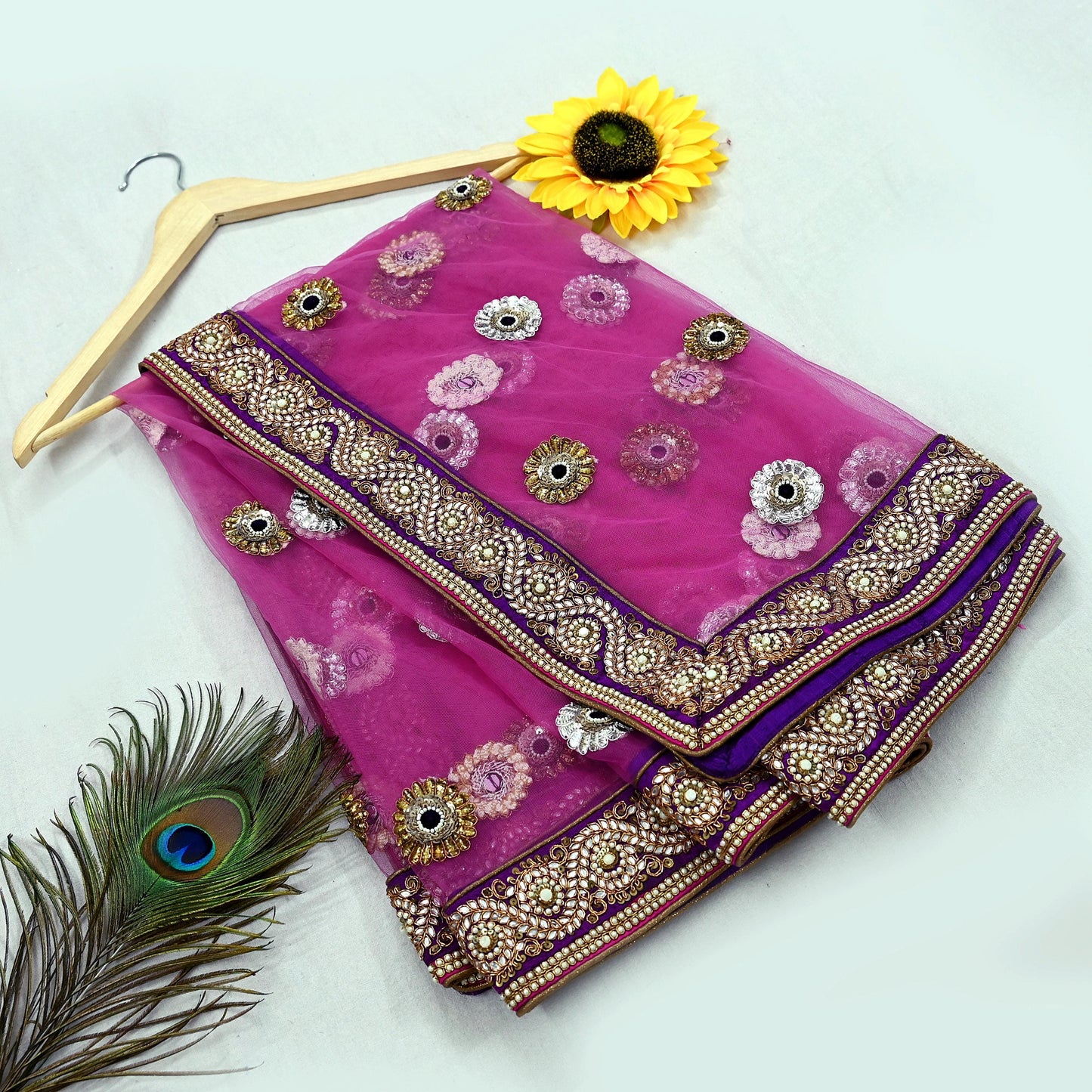 Indian Vintage Heavy Wedding purple Net/Mesh Hand Embroidered Dupatta Designer By Manish Malhotra Bridal Wear Zardozi Veil Hijab