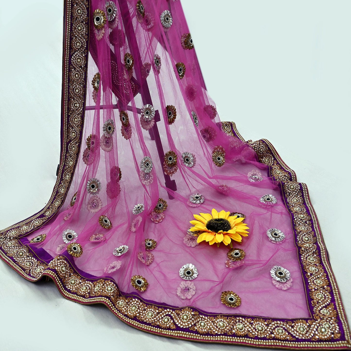 Indian Vintage Heavy Wedding purple Net/Mesh Hand Embroidered Dupatta Designer By Manish Malhotra Bridal Wear Zardozi Veil Hijab