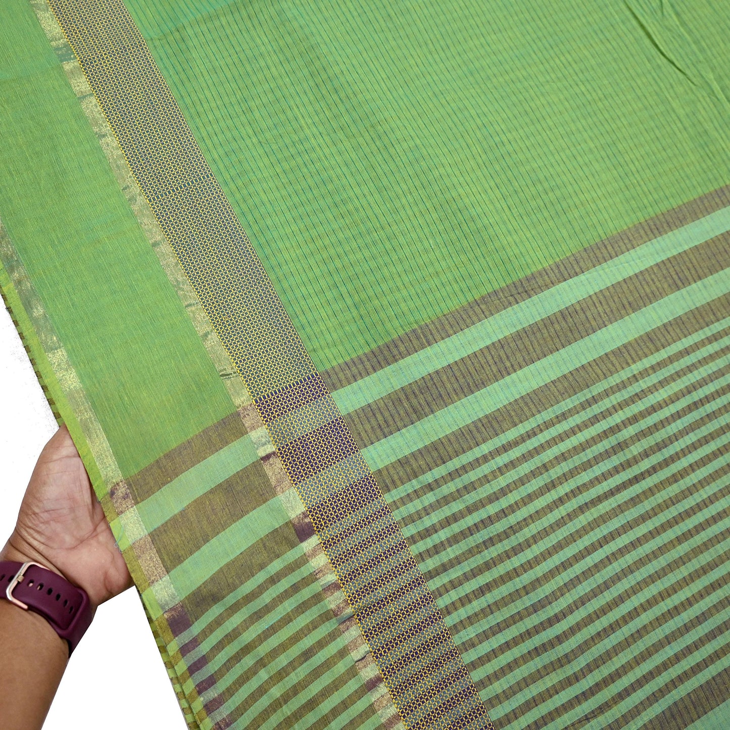 Indian Vintage Sari Green Pure Cotton Hand Woven Sarees Craft Fabric 5yd Ethnic Paisley Crafting Upcycle Quilting Dress Making Fringes