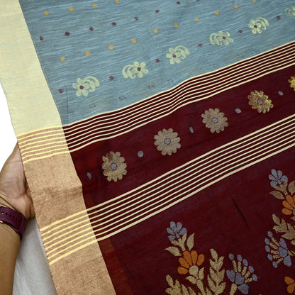 Indian Vintage Sari Gray & maroon Pure Cotton Hand Woven Sarees Craft Fabric 5yd Ethnic Crafting Upcycle Quilting Dress Making Fringes