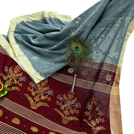 Indian Vintage Sari Gray & maroon Pure Cotton Hand Woven Sarees Craft Fabric 5yd Ethnic Crafting Upcycle Quilting Dress Making Fringes