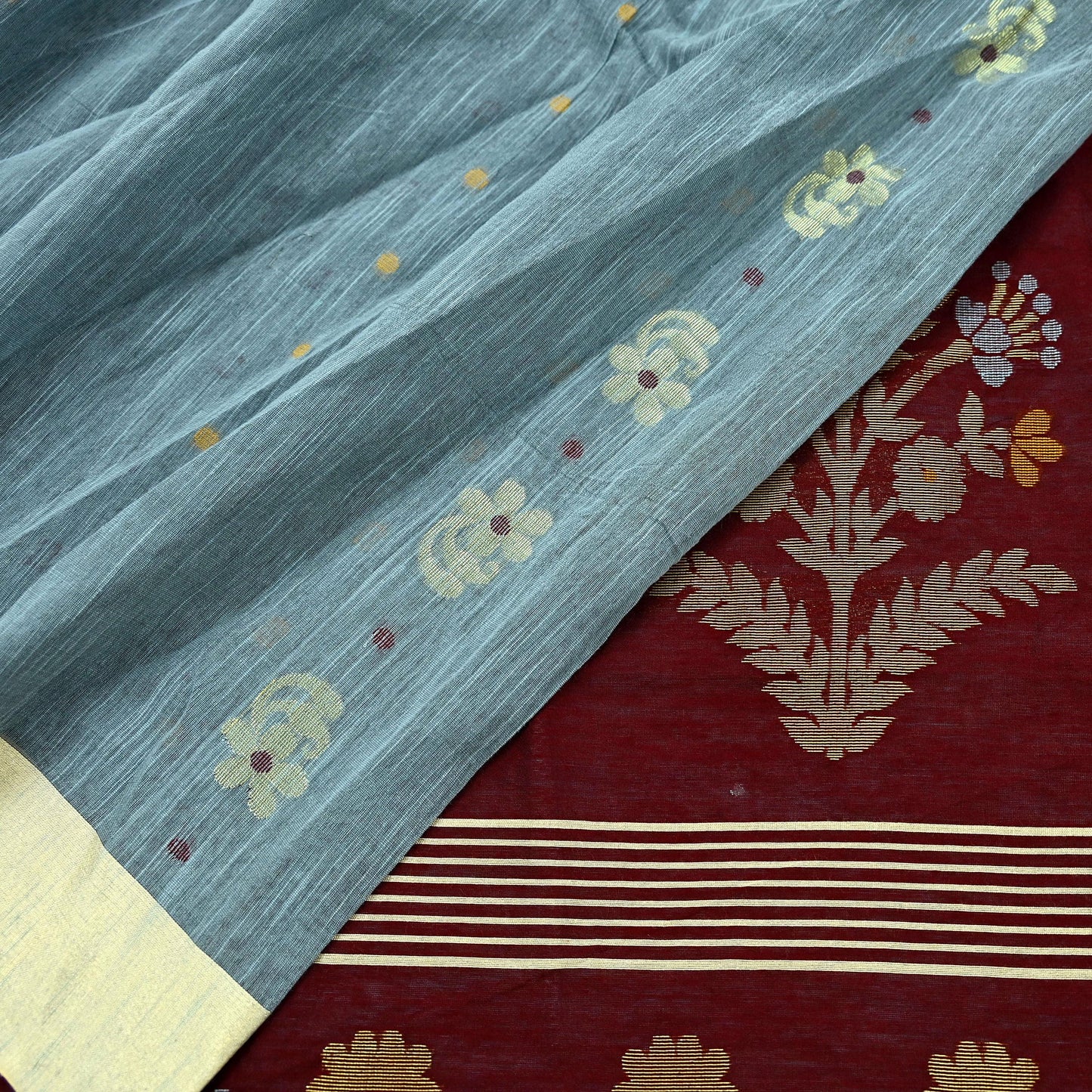 Indian Vintage Sari Gray & maroon Pure Cotton Hand Woven Sarees Craft Fabric 5yd Ethnic Crafting Upcycle Quilting Dress Making Fringes