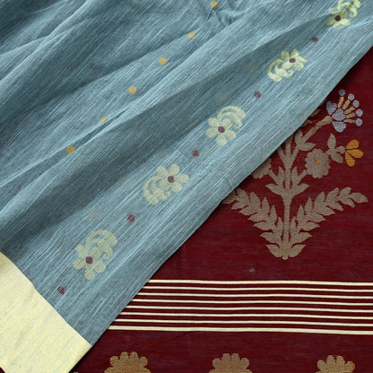 Indian Vintage Sari Gray & maroon Pure Cotton Hand Woven Sarees Craft Fabric 5yd Ethnic Crafting Upcycle Quilting Dress Making Fringes