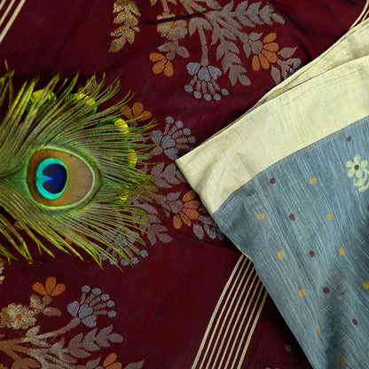 Indian Vintage Sari Gray & maroon Pure Cotton Hand Woven Sarees Craft Fabric 5yd Ethnic Crafting Upcycle Quilting Dress Making Fringes
