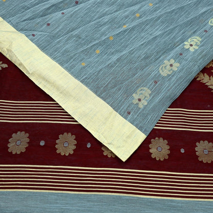 Indian Vintage Sari Gray & maroon Pure Cotton Hand Woven Sarees Craft Fabric 5yd Ethnic Crafting Upcycle Quilting Dress Making Fringes