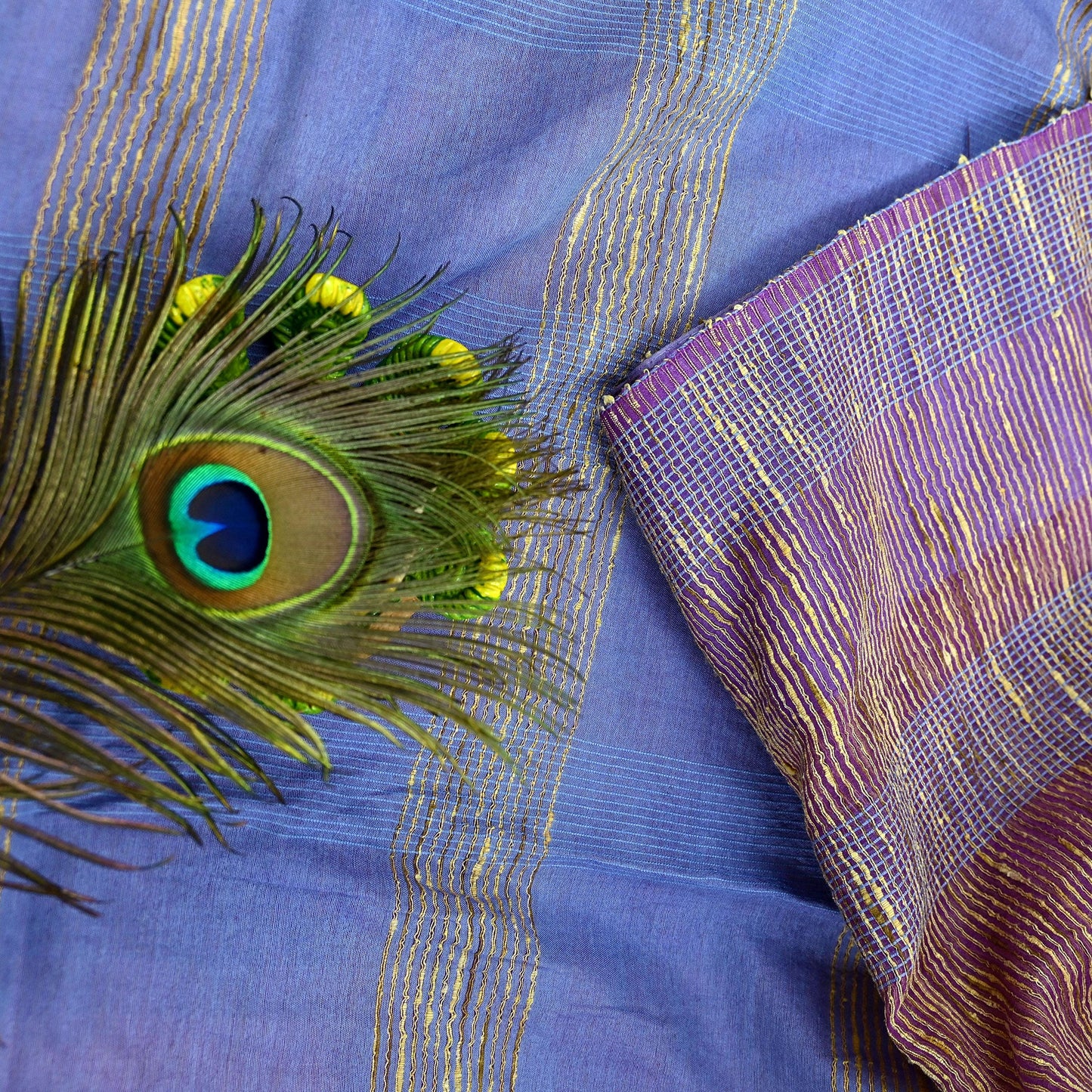Indian Vintage Sari Blue & Purple Organza Cotton Hand Woven Sarees Craft Fabric 5yd Ethnic Crafting Upcycle Quilting Dress Making