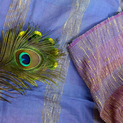 Indian Vintage Sari Blue & Purple Organza Cotton Hand Woven Sarees Craft Fabric 5yd Ethnic Crafting Upcycle Quilting Dress Making