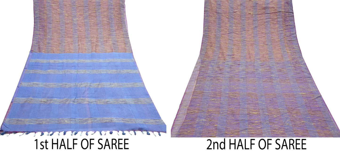 Indian Vintage Sari Blue & Purple Organza Cotton Hand Woven Sarees Craft Fabric 5yd Ethnic Crafting Upcycle Quilting Dress Making