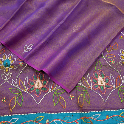 Indian Vintage Sari Purple Hand Embroidered Saree Pure Organza Silk Craft Fabric 5Yd Ethnic Dress Making Crafting Quilting
