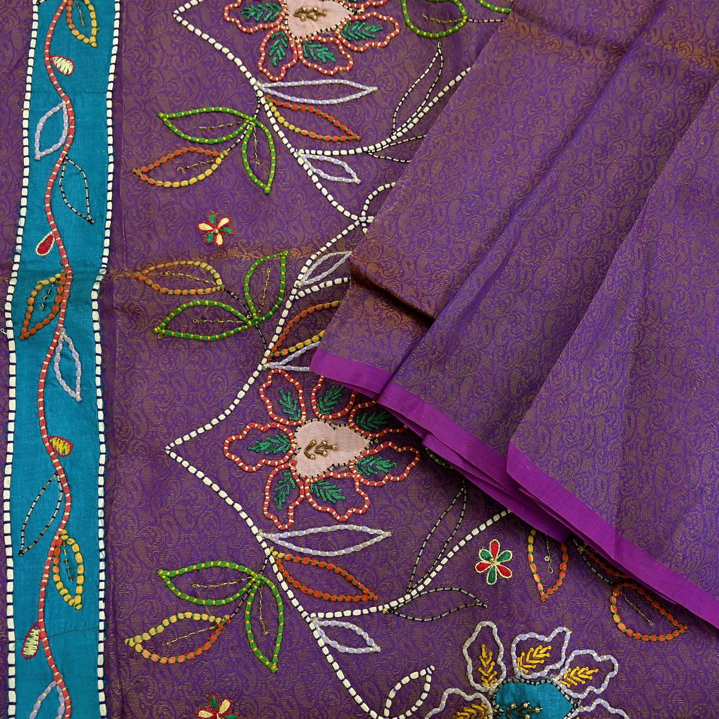 Indian Vintage Sari Purple Hand Embroidered Saree Pure Organza Silk Craft Fabric 5Yd Ethnic Dress Making Crafting Quilting