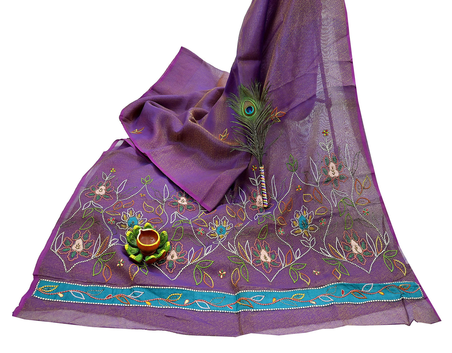 Indian Vintage Sari Purple Hand Embroidered Saree Pure Organza Silk Craft Fabric 5Yd Ethnic Dress Making Crafting Quilting