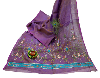 Indian Vintage Sari Purple Hand Embroidered Saree Pure Organza Silk Craft Fabric 5Yd Ethnic Dress Making Crafting Quilting