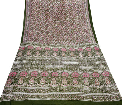 Indian Vintage Sari Green Printed Pure Cotton Sarees Fabric Floral 5Yd Sarong Wrap Boho Fabric Kimono Dress making Crafting